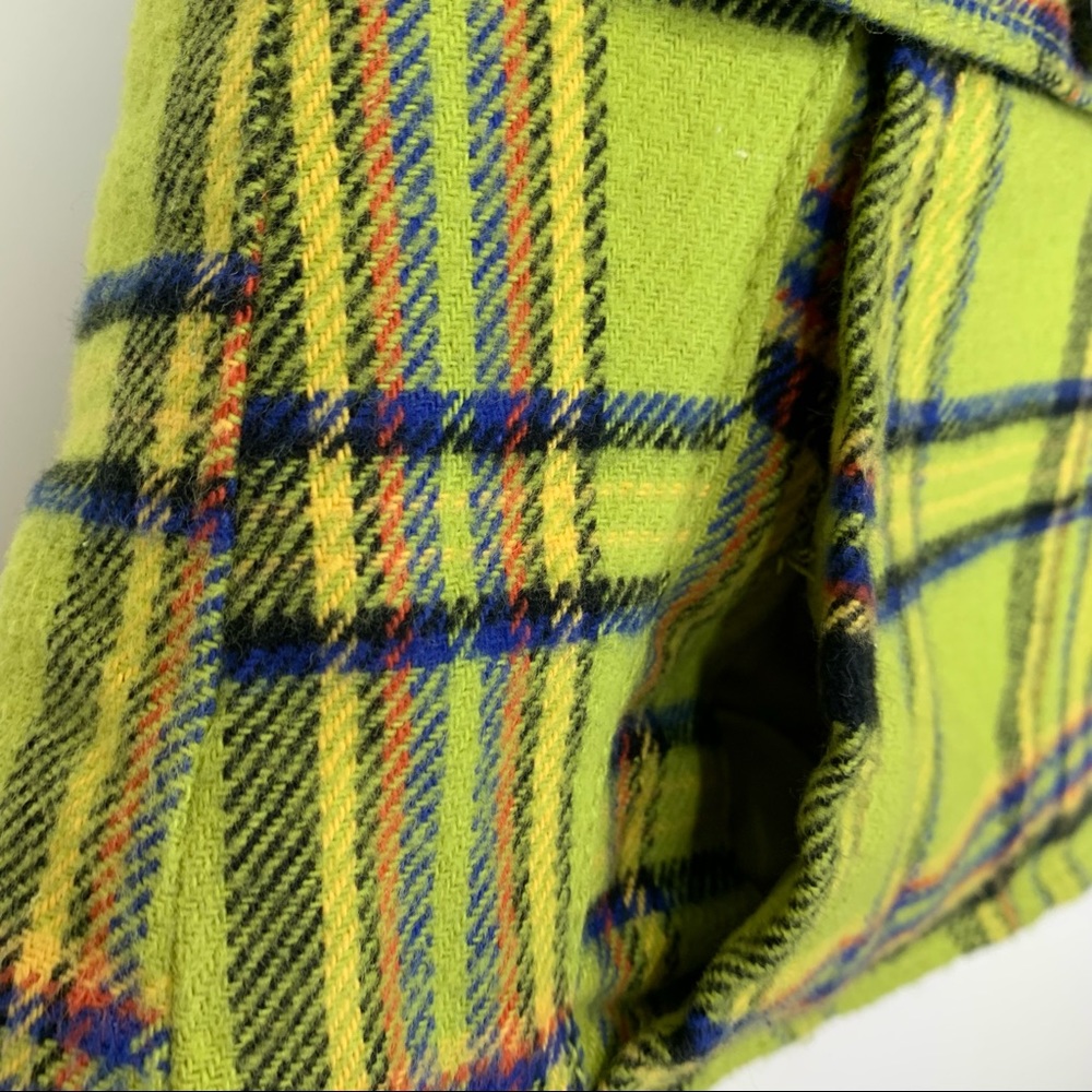 Mossimo Supply Co Retro Lime Green Blue Multi Plaid Full Zip Vest Faux Fur Hood - Picture 7 of 15
